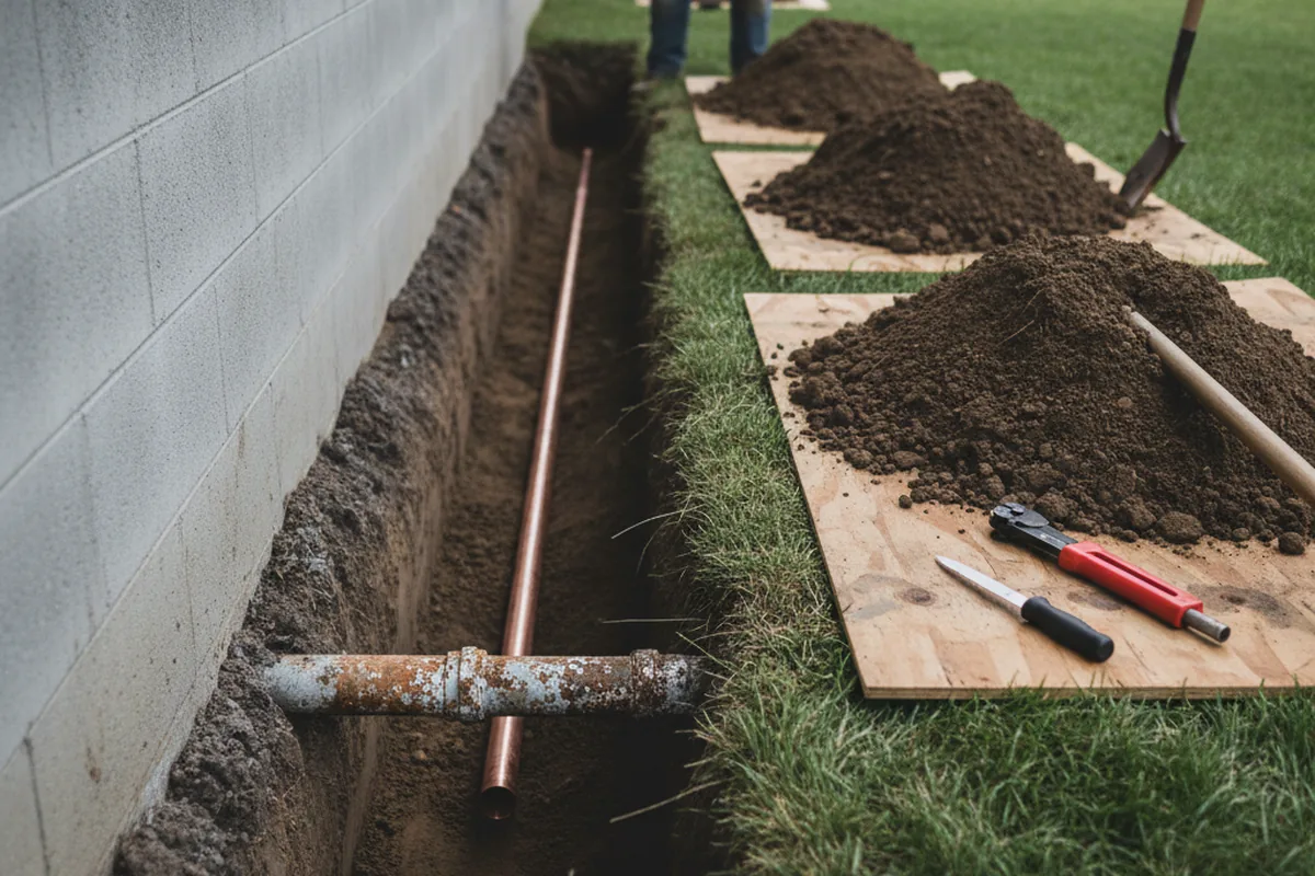 Excavated water line trench during Sewer Line Repair in Parmele